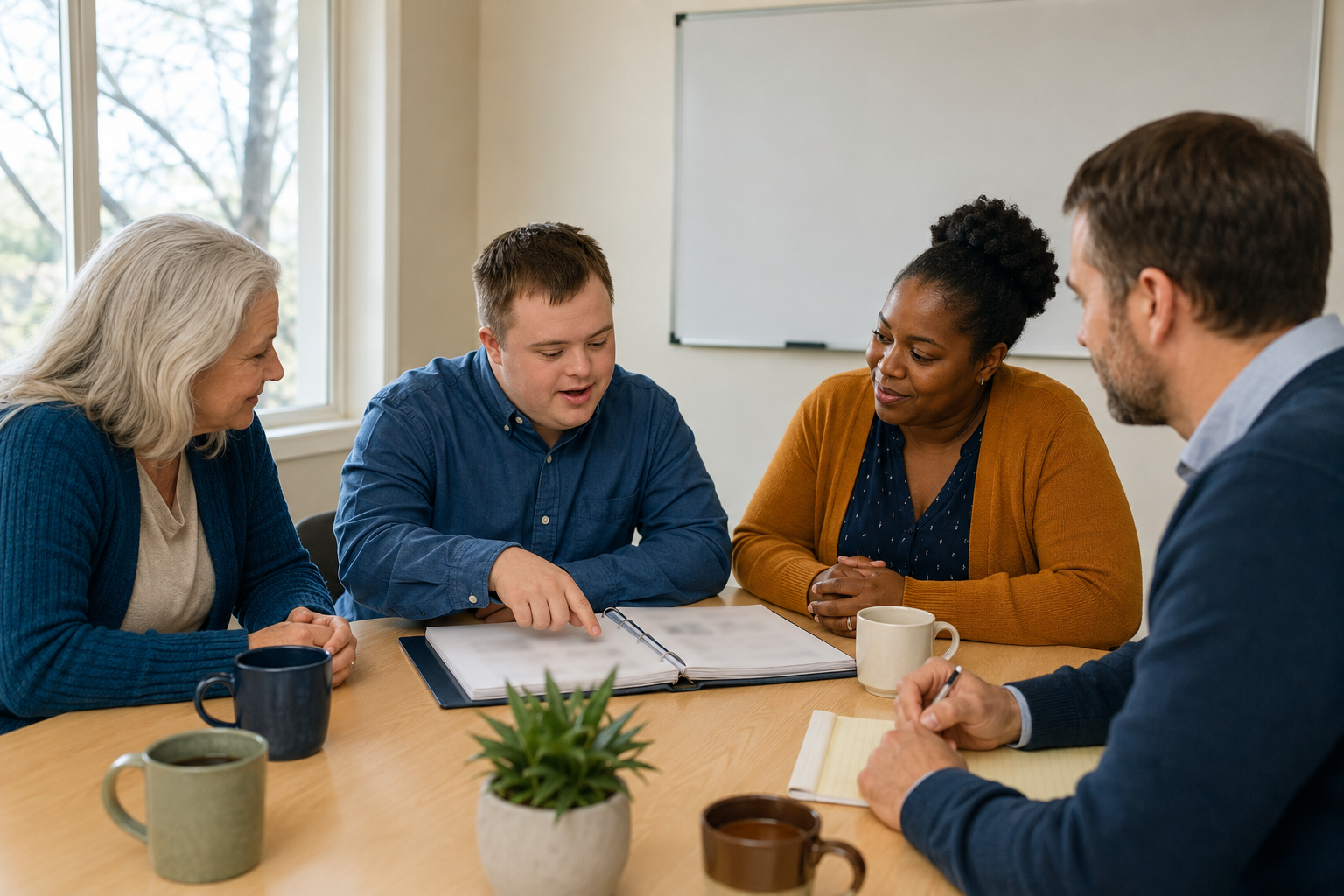 A 245D support team planning meeting around a table