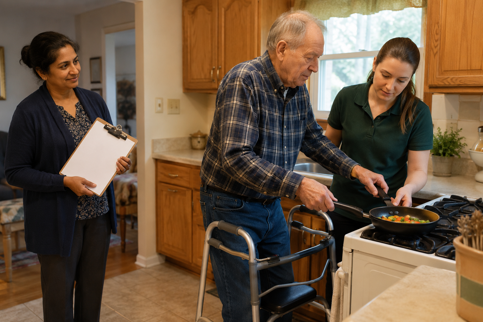 A designated coordinator observing direct support in a home kitchen