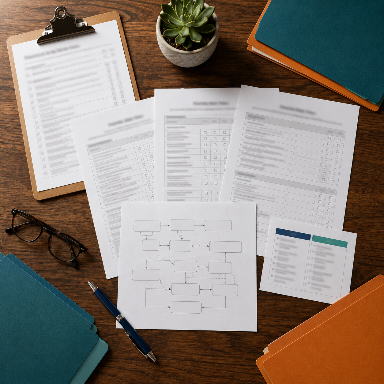 The DC/DM Tool Vault — branded compliance forms, checklists and trackers arranged on a desk