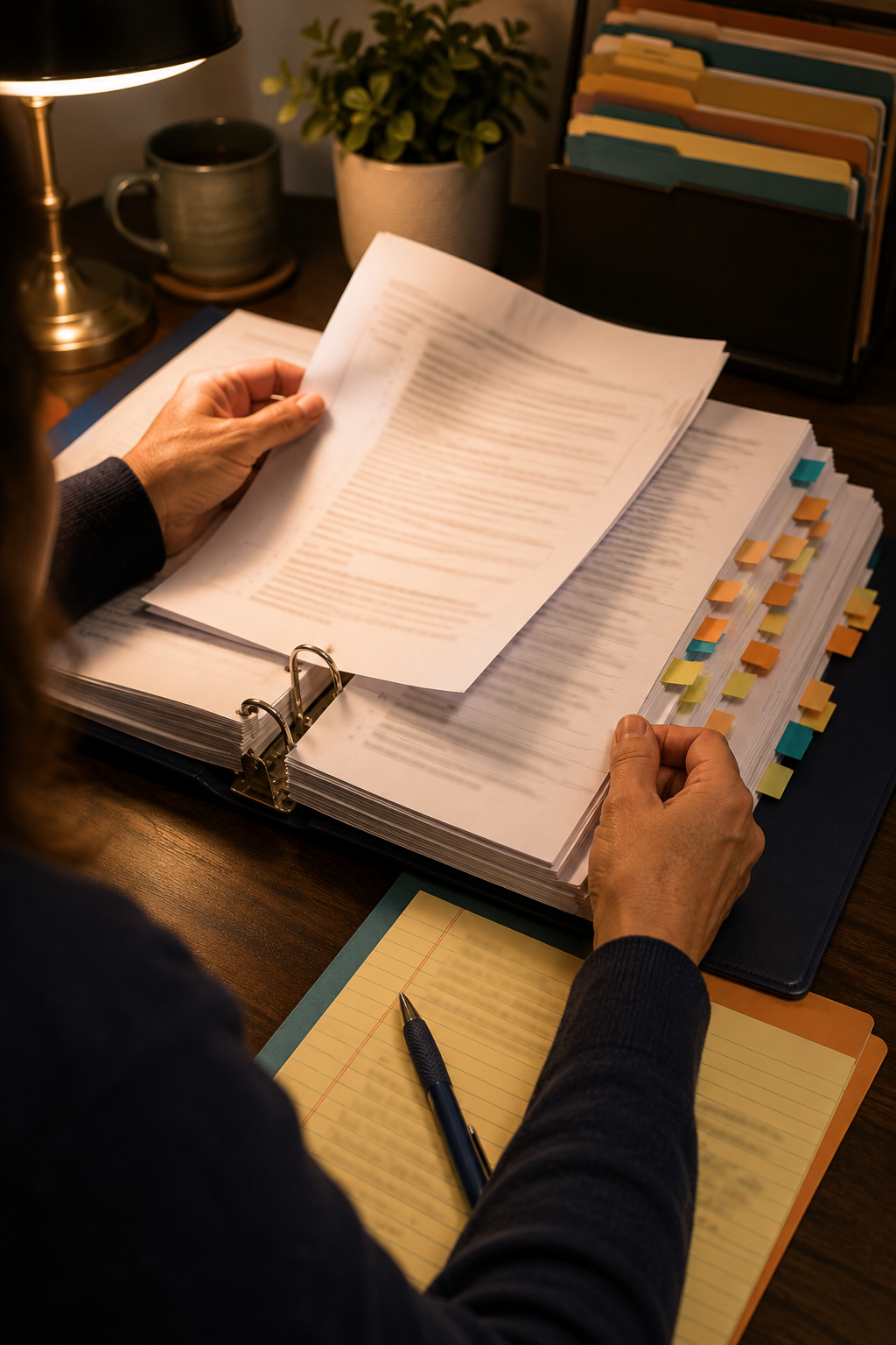 Hands reviewing a thick agency compliance file with sticky flags during a simulated licensing review